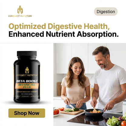 Advertisement for Conquest Nutrition Beta Boost supplement with a couple cooking in a kitchen.