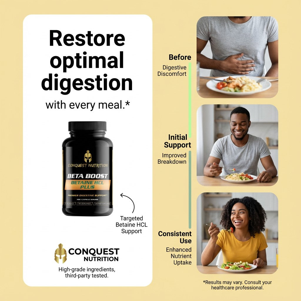 Advertisement for Conquest Nutrition Beta Boost supplement with before and after images of digestion improvement.