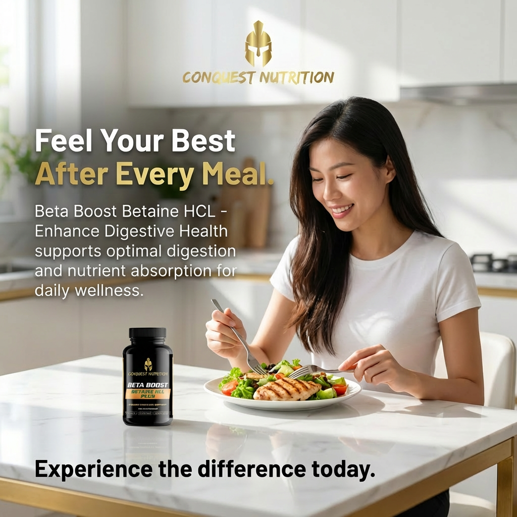 Woman eating a salad with a bottle of Conquest Nutrition Beta Boost Betaine HCL in a kitchen setting.