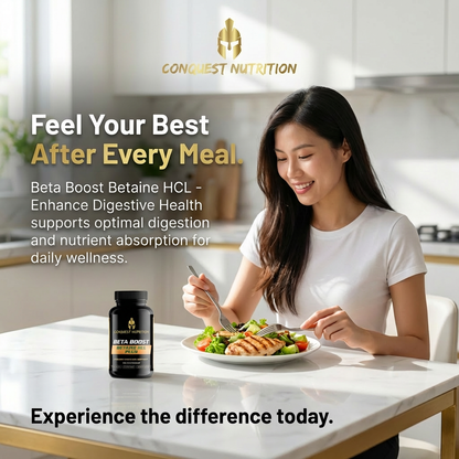 Woman eating a salad with a bottle of Conquest Nutrition Beta Boost Betaine HCL in a kitchen setting.