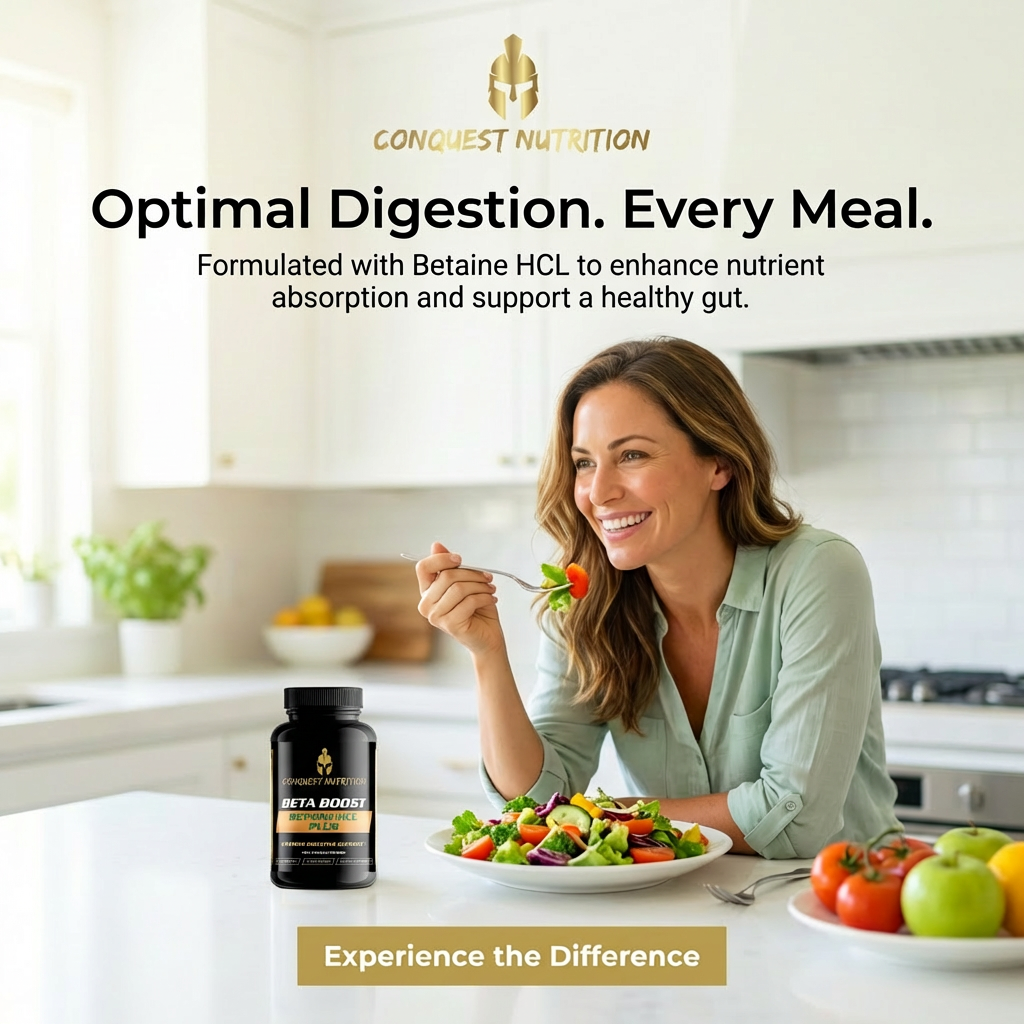 Woman eating salad with a bottle of Conquest Nutrition supplement in a kitchen setting.