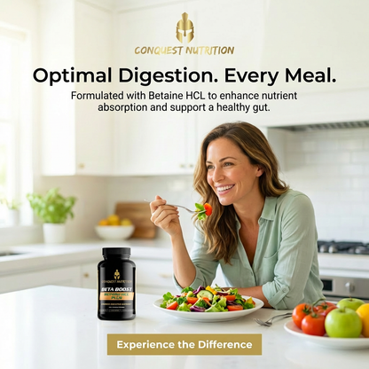 Woman eating salad with a bottle of Conquest Nutrition supplement in a kitchen setting.