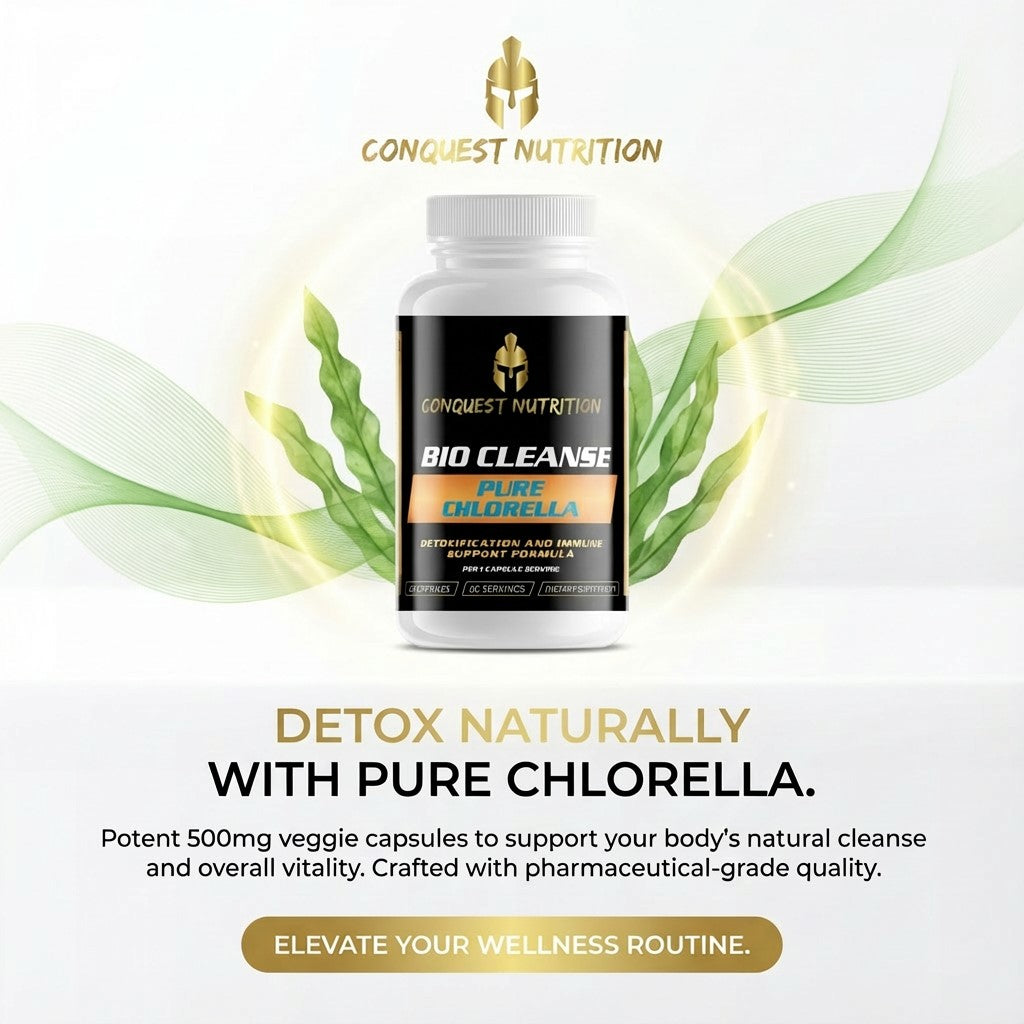Conquest Nutrition Bio Cleanse Pure Chlorella supplement bottle on a white background with green leaves.