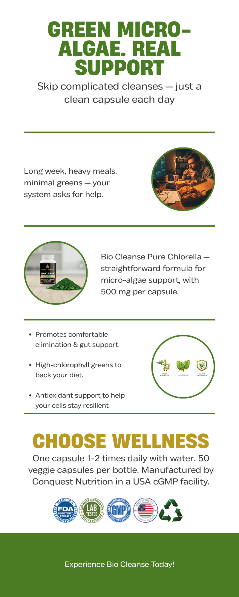 Bio Cleanse Pure Chlorella Capsules - Pure 500mg in 50 Veggie Capsules