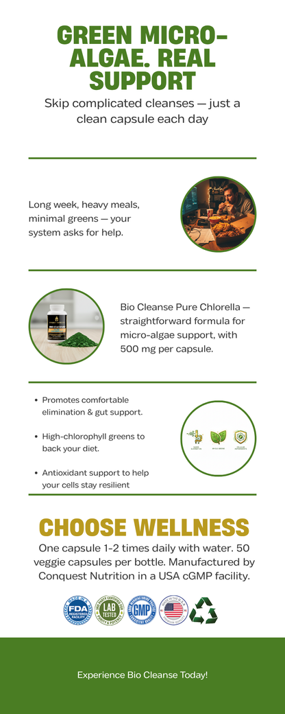 Bio Cleanse Pure Chlorella Capsules - Pure 500mg in 50 Veggie Capsules