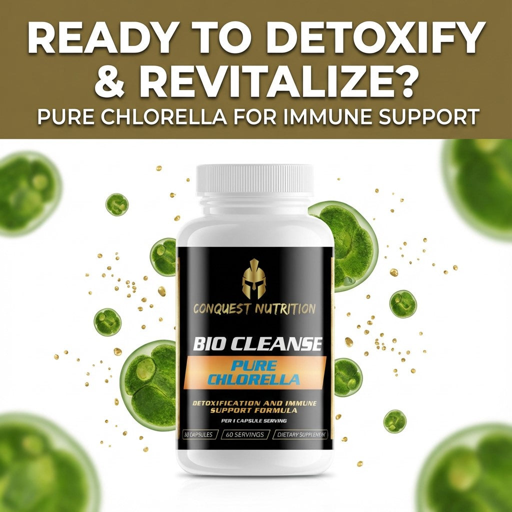Bottle of Conquest Nutrition Bio Cleanse Pure Chlorella with text about detoxification and revitalization.