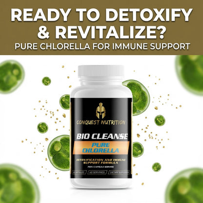 Bottle of Conquest Nutrition Bio Cleanse Pure Chlorella with text about detoxification and revitalization.