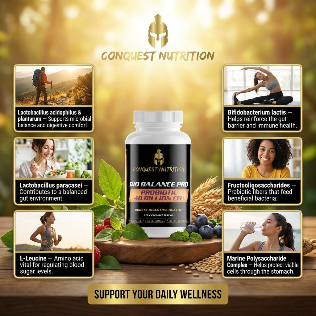 Conquest Nutrition probiotic supplement with lifestyle images and product details on a wooden surface.