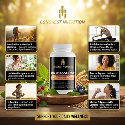 Conquest Nutrition probiotic supplement with lifestyle images and product details on a wooden surface.