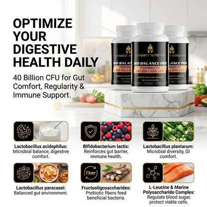 Probiotic supplement bottles on a kitchen counter with text about digestive health benefits.