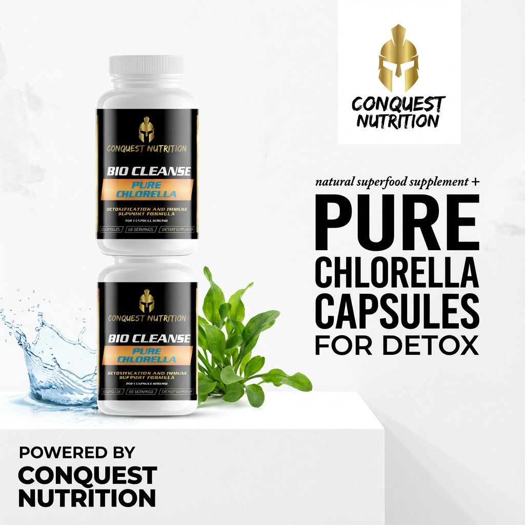 Conquest Nutrition Bio Cleanse Pure Chlorella capsules with a plant and water splash on a white background