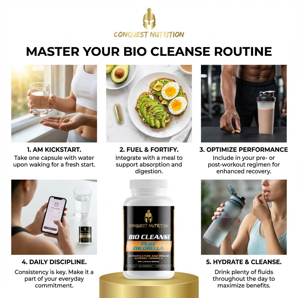 Promotional graphic for Conquest Nutrition's bio cleanse routine with steps and images of people following the routine.