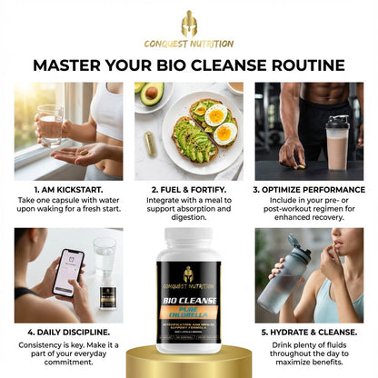 Promotional graphic for Conquest Nutrition's bio cleanse routine with steps and images of people following the routine.
