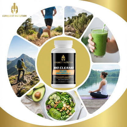 Conquest Nutrition Bio Cleanse supplement bottle surrounded by lifestyle images of people outdoors and healthy eating.
