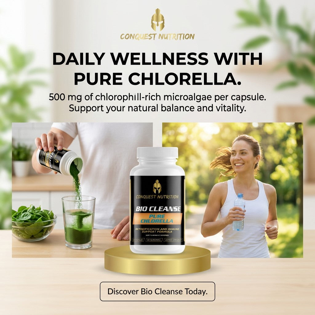 Advertisement for Conquest Nutrition Bio Cleanse Plus Chlorella with lifestyle images of a person pouring greens into a glass and another exercising outdoors.