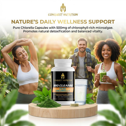 Conquest Nutrition Chlorella capsules with people outdoors, promoting wellness support.