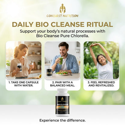Advertisement for Conquest Nutrition Bio Cleanse Pure Chlorella with lifestyle images and product display.
