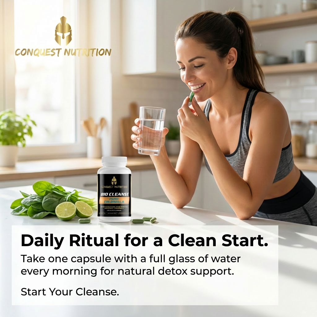 Woman holding a supplement capsule and glass of water with Conquest Nutrition products on a kitchen counter.