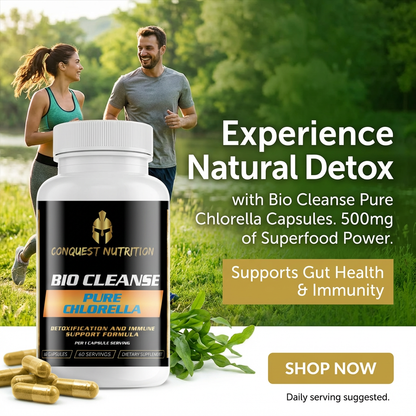 Conquest Nutrition Bio Cleanse Pure Chlorella supplement bottle with a man and woman in a park background.