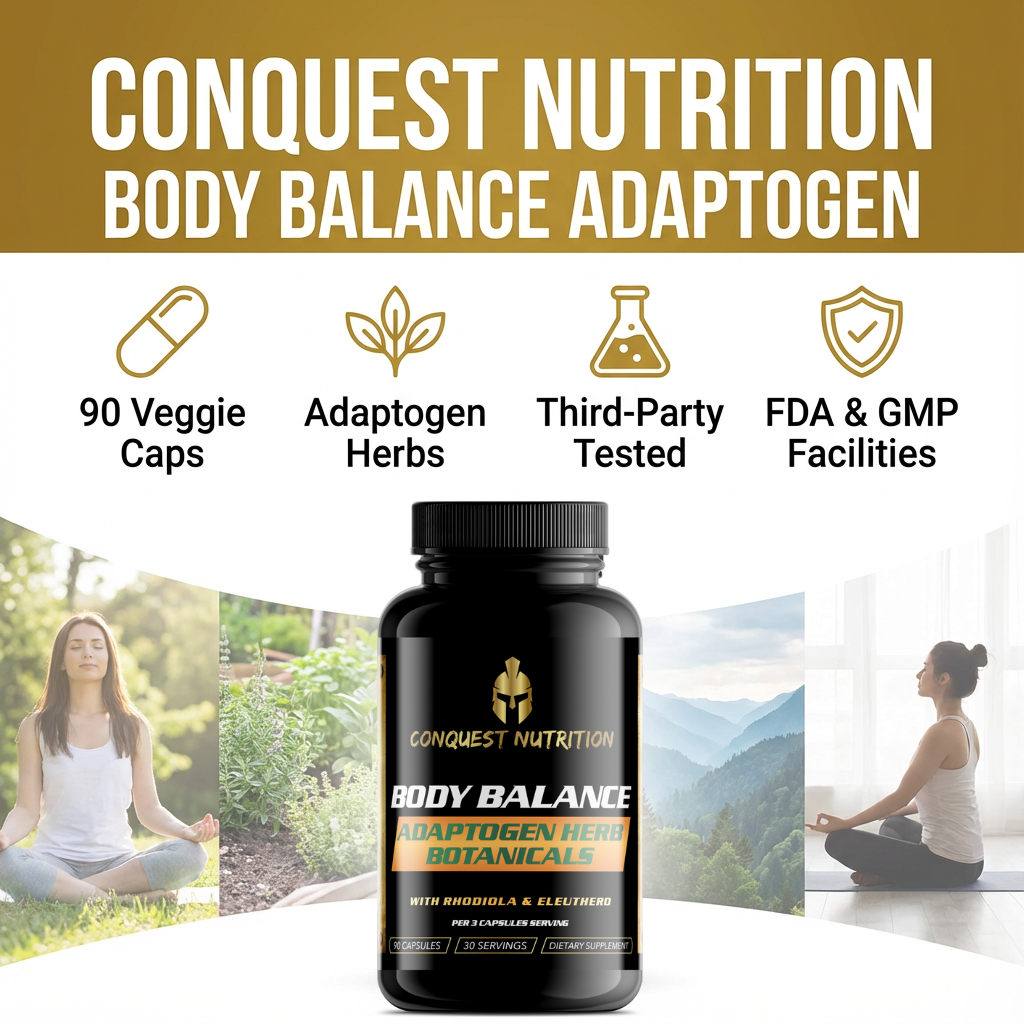 Conquest Nutrition Body Balance Adaptogen supplement bottle with product features on a white background
