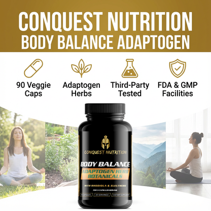 Conquest Nutrition Body Balance Adaptogen supplement bottle with product features on a white background