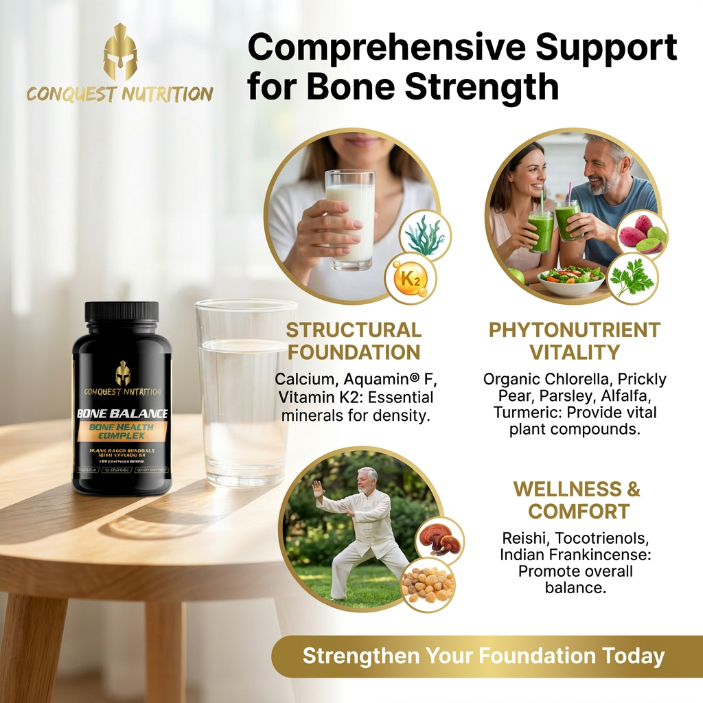 Advertisement for Conquest Nutrition bone health supplement with images of people, food, and text about bone strength support.