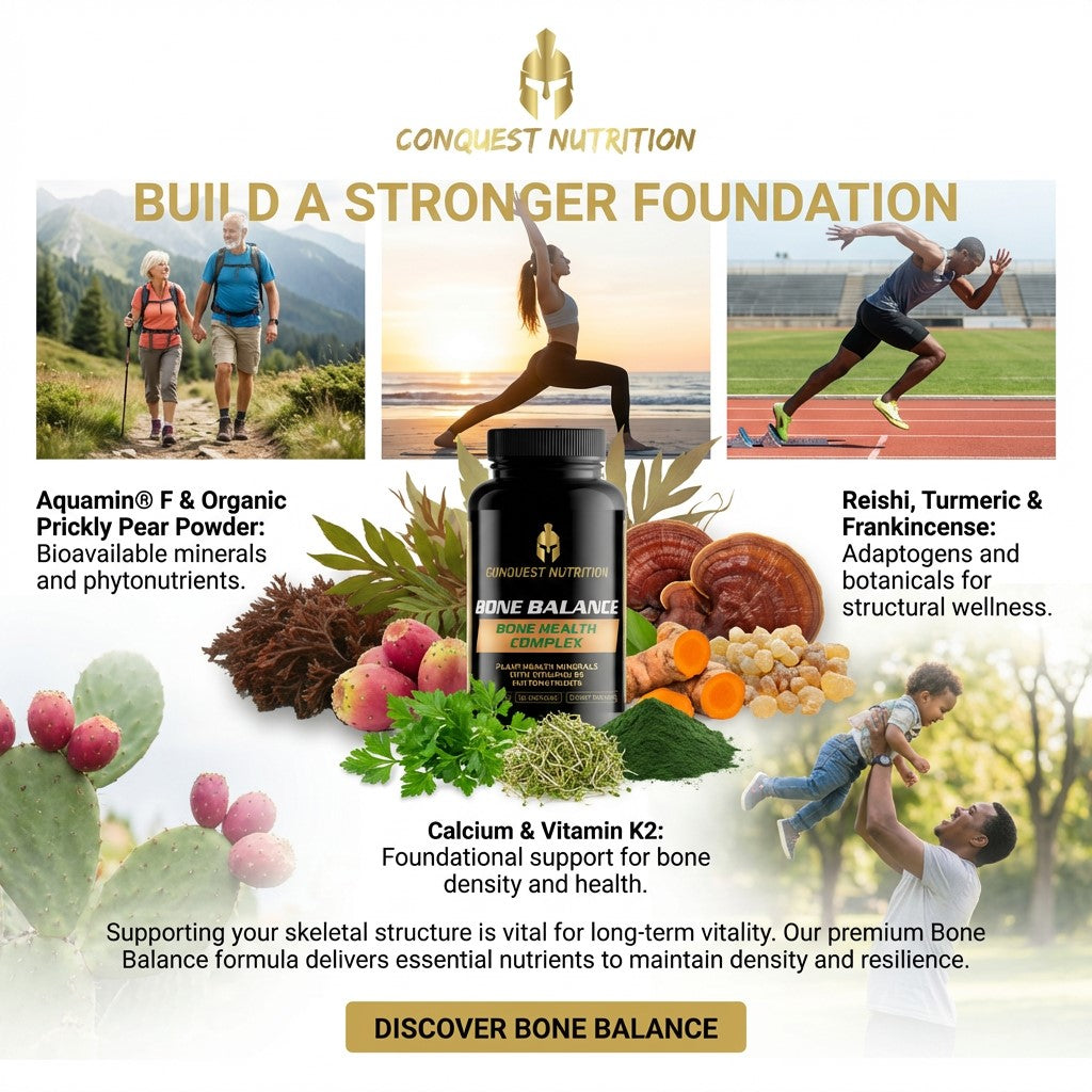 Advertisement for Conquest Nutrition's Bone Balance supplement with lifestyle images and product details.