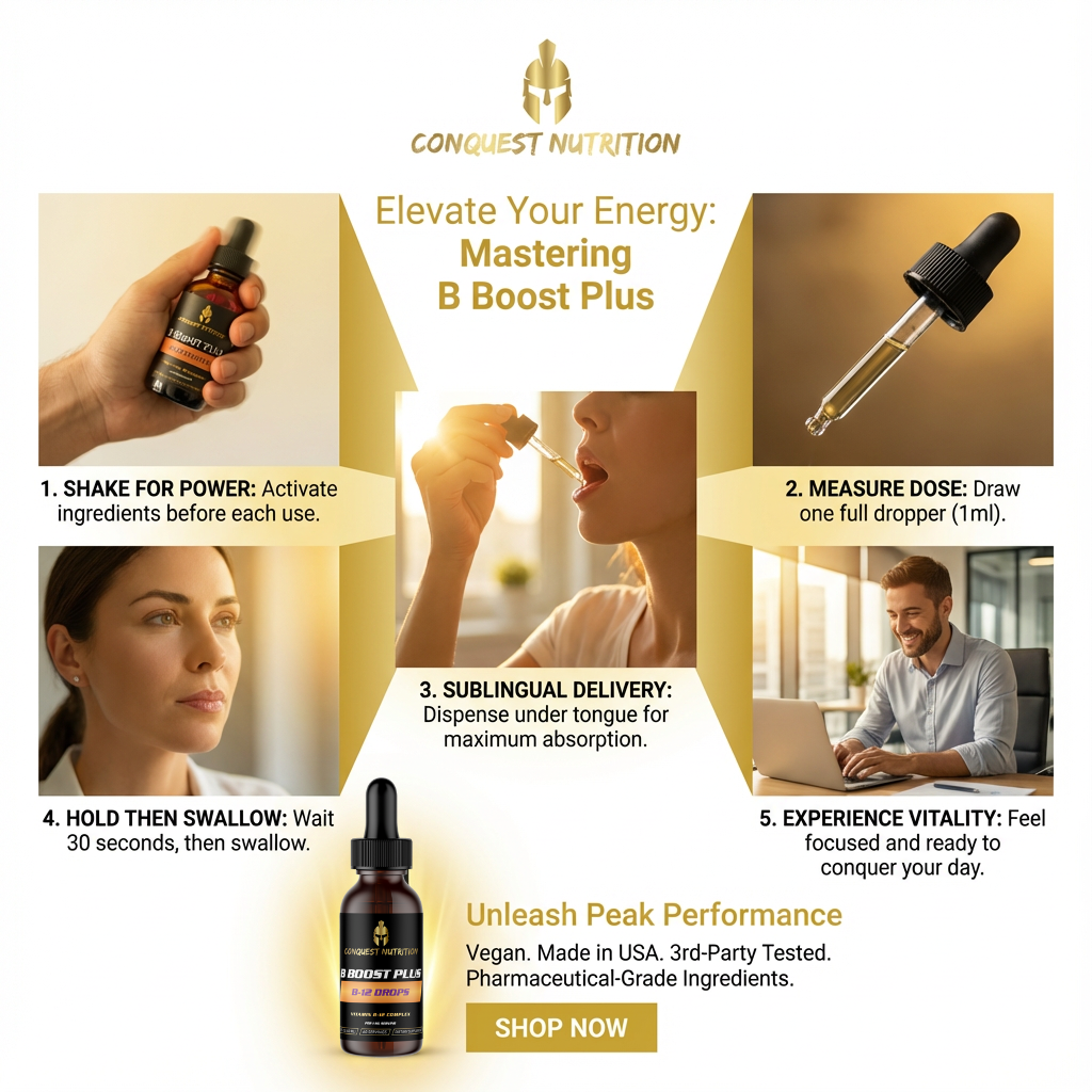 Advertisement for Congest Nutrition B Boost Plus supplement with steps on how to use it.