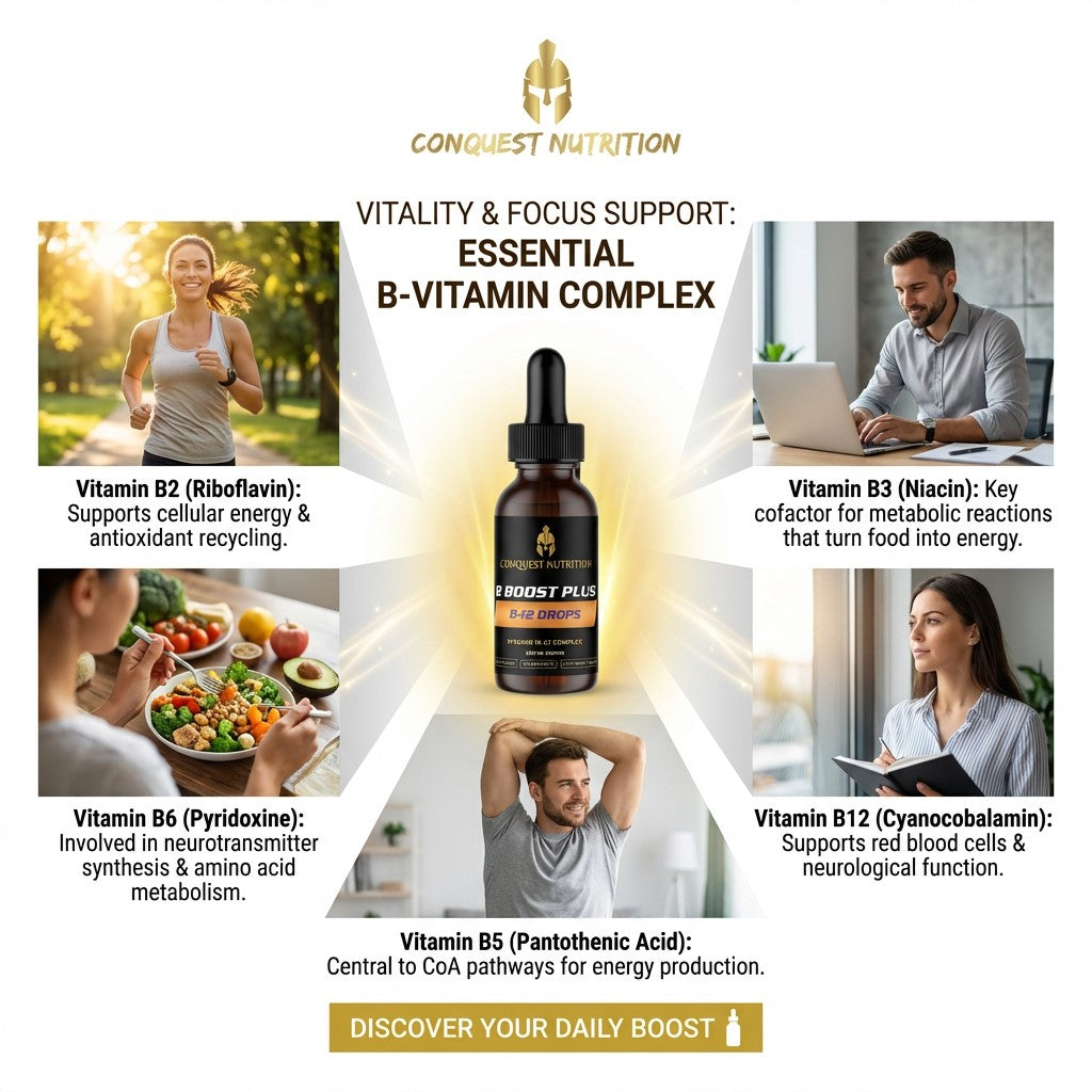Advertisement for Conquest Nutrition's essential B-vitamin complex with product and lifestyle images.