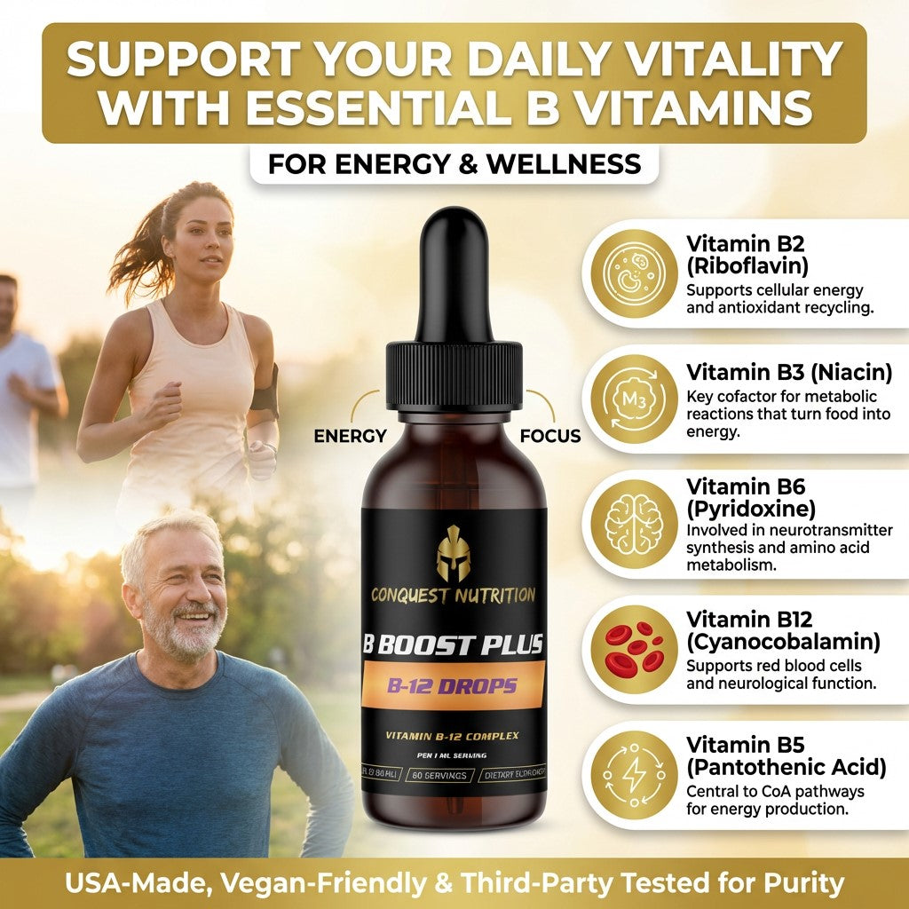 B-Boost Plus B-12 Drops bottle with lifestyle images of a man and woman running, and vitamin information on a beige background.