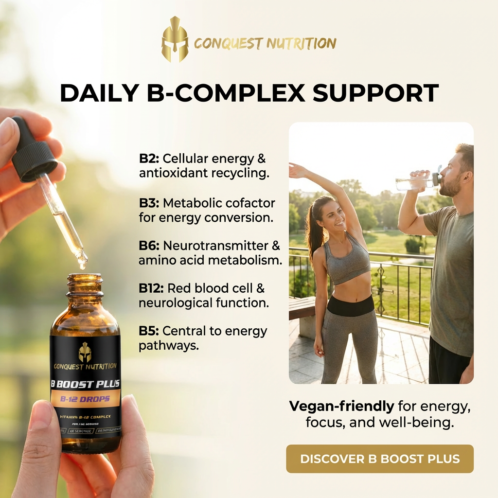 Advertisement for Conquest Nutrition B Boost Plus B-complex supplement with a bottle, dropper, and lifestyle image of people exercising.