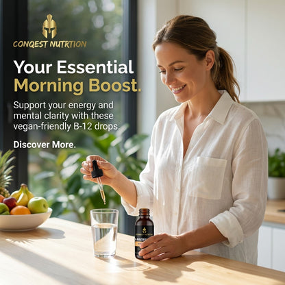 Woman in a kitchen preparing to take Conquest Nutrition B-12 drops.