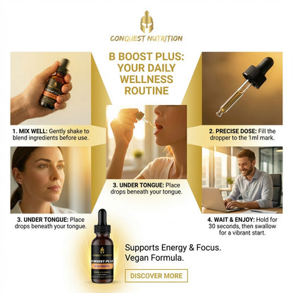 Conquest Nutrition B Boost Plus wellness routine with instructions and product display.