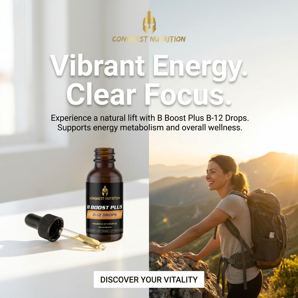 B Boost Plus bottle with a woman hiking on a mountain, promoting energy and focus.
