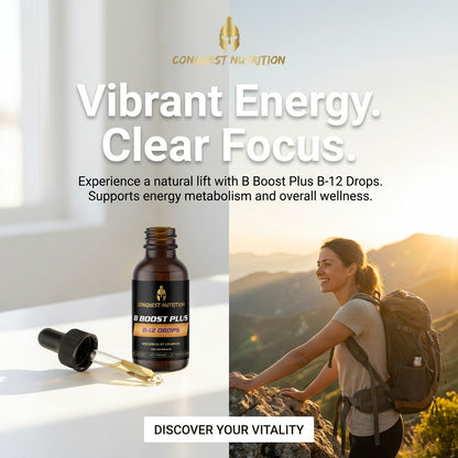 B Boost Plus bottle with a woman hiking on a mountain, promoting energy and focus.