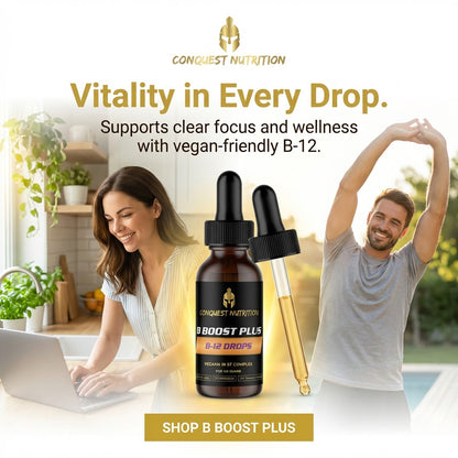 Advertisement for Conquest Nutrition B Boost Plus B-12 drops with a woman using a laptop and a man stretching outdoors.