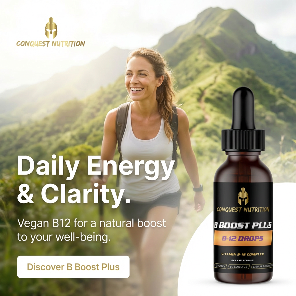 Woman hiking with Conquest Nutrition B Boost Plus B12 drops bottle in front of a mountainous landscape.