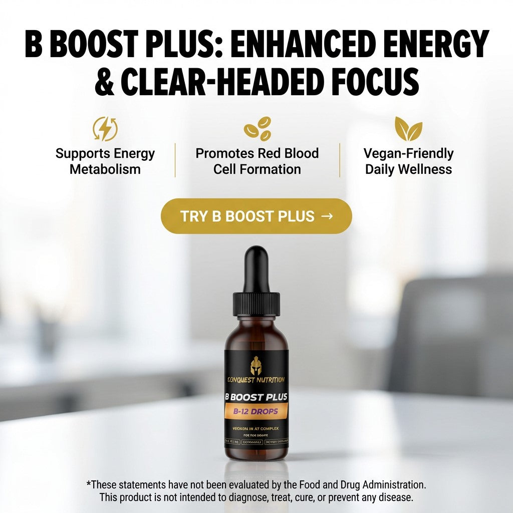 B Boost Plus supplement bottle with promotional text on a blurred background