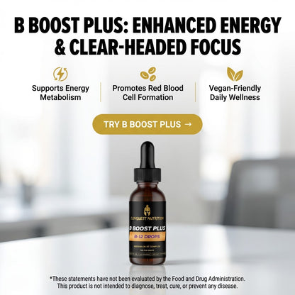 B Boost Plus supplement bottle with promotional text on a blurred background