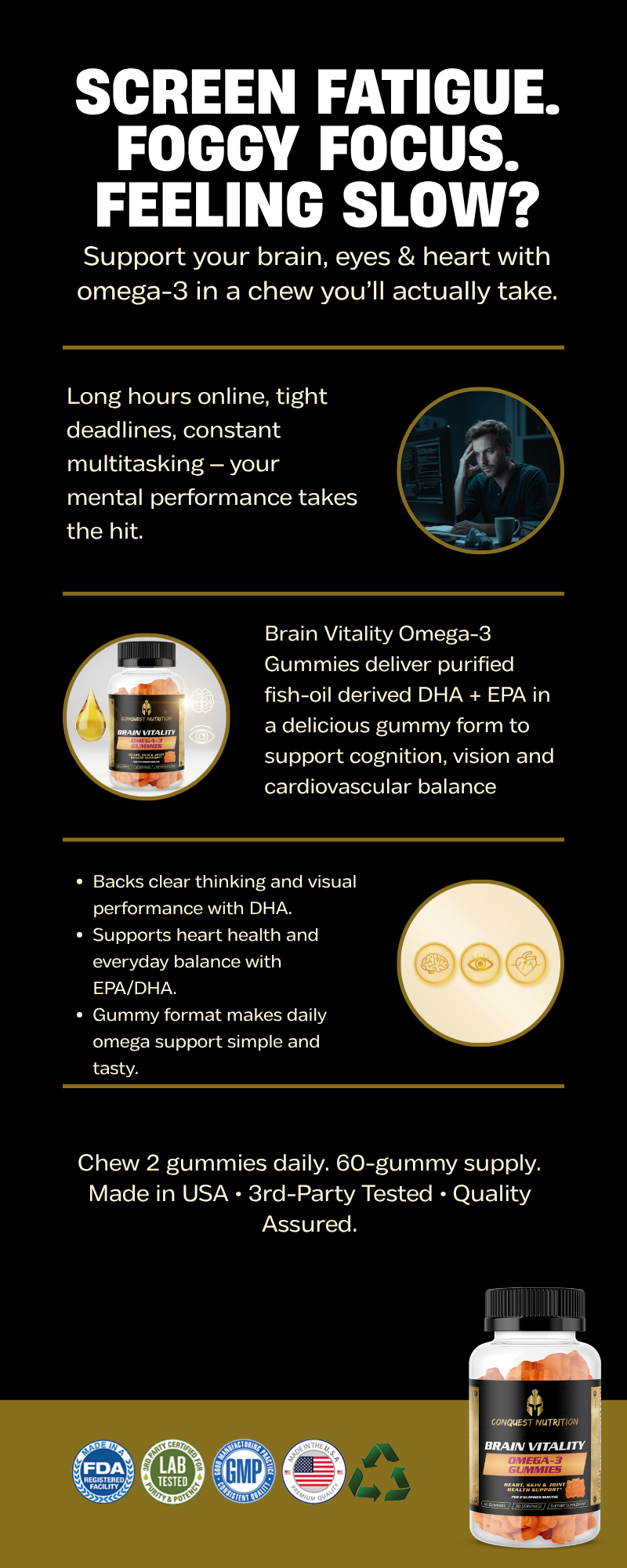 Brain Vitality Omega 3 Gummies - Boost Brain Health with 60 Delicious Gummies