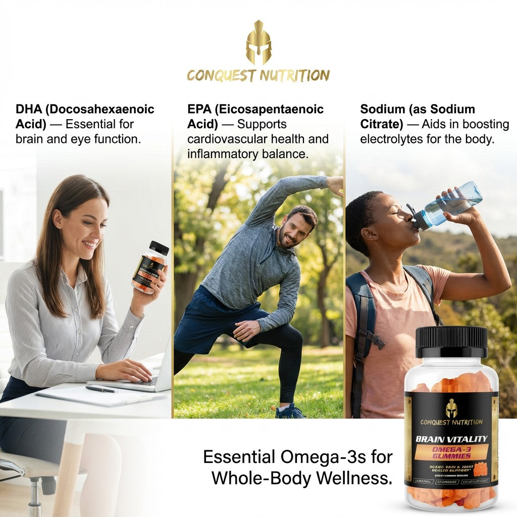 Advertisement for Conquest Nutrition supplements with images of people and text about omega-3s.