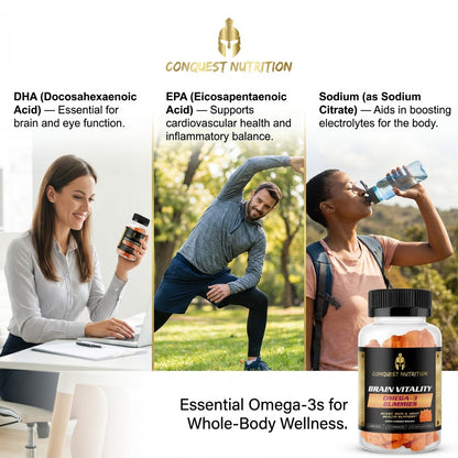 Advertisement for Conquest Nutrition supplements with images of people and text about omega-3s.