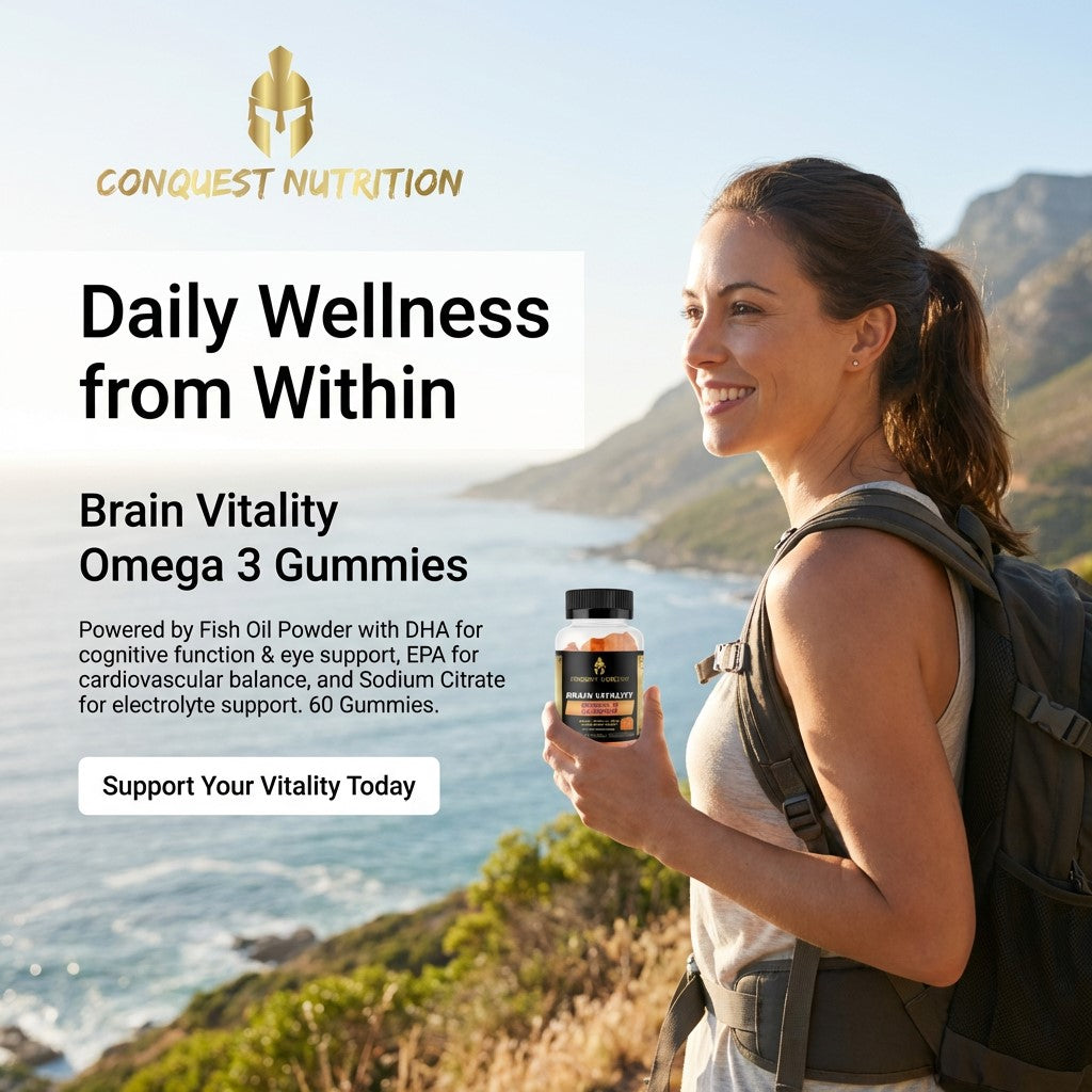 Woman holding a supplement bottle with a scenic background and 'Conquest Nutrition' branding.