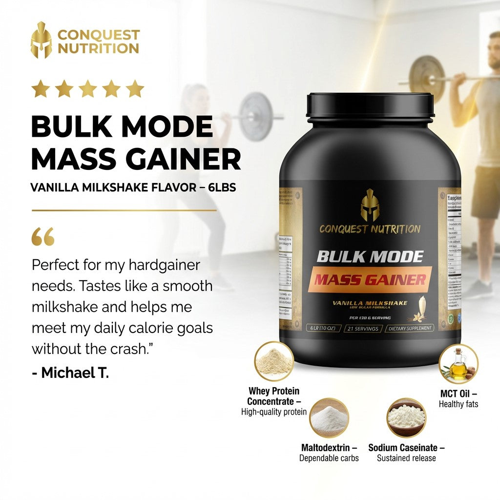 Conquest Nutrition Bulk Mode Mass Gainer supplement container with text and images of a person lifting weights.