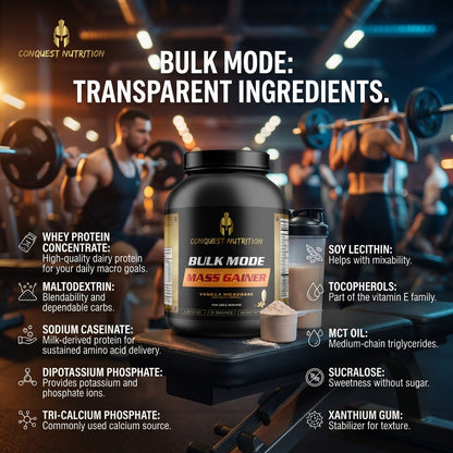 Conquest Nutrition Bulk Mode Mass Gainer with gym background