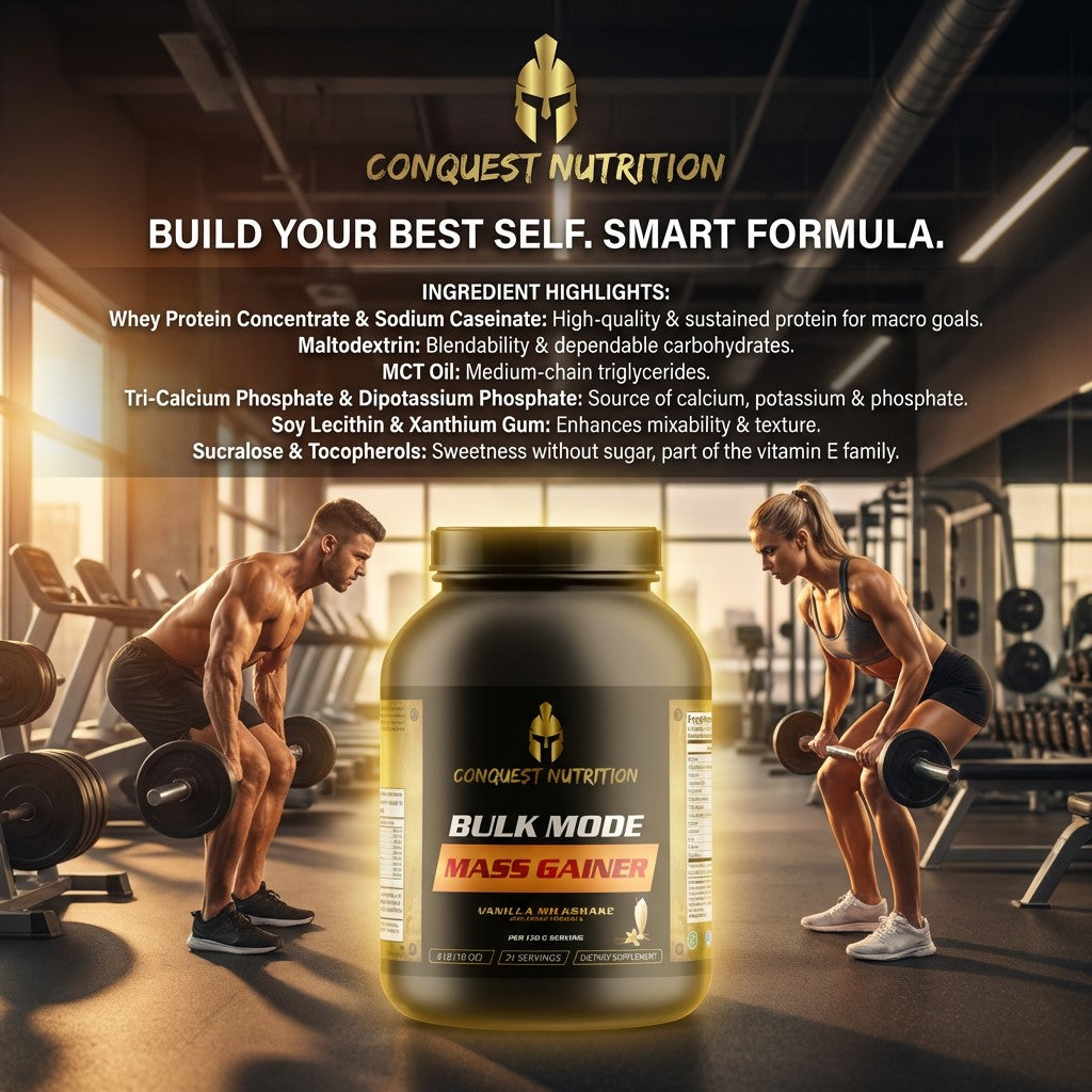 Conquest Nutrition mass gainer supplement with gym setting and people working out.