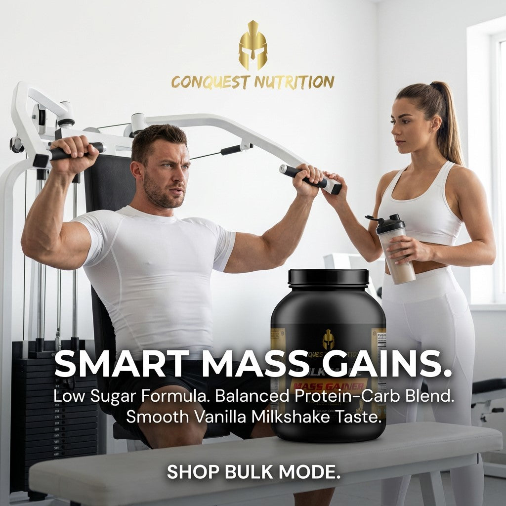 Person exercising with a trainer in a gym, promoting Conquest Nutrition smart mass gains supplement.