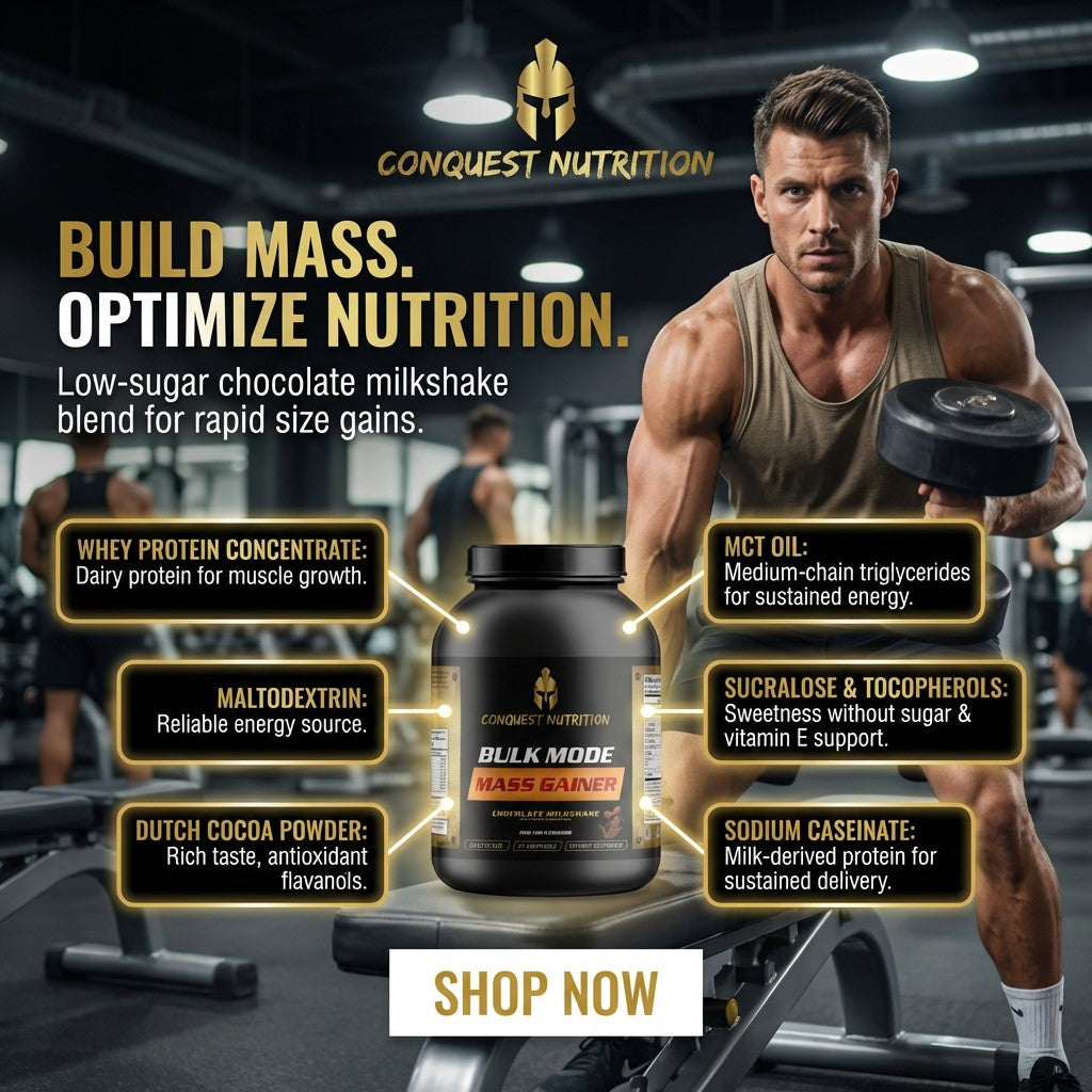 Advertisement for Conquest Nutrition mass gainer supplement with a gym setting and text highlighting product features.