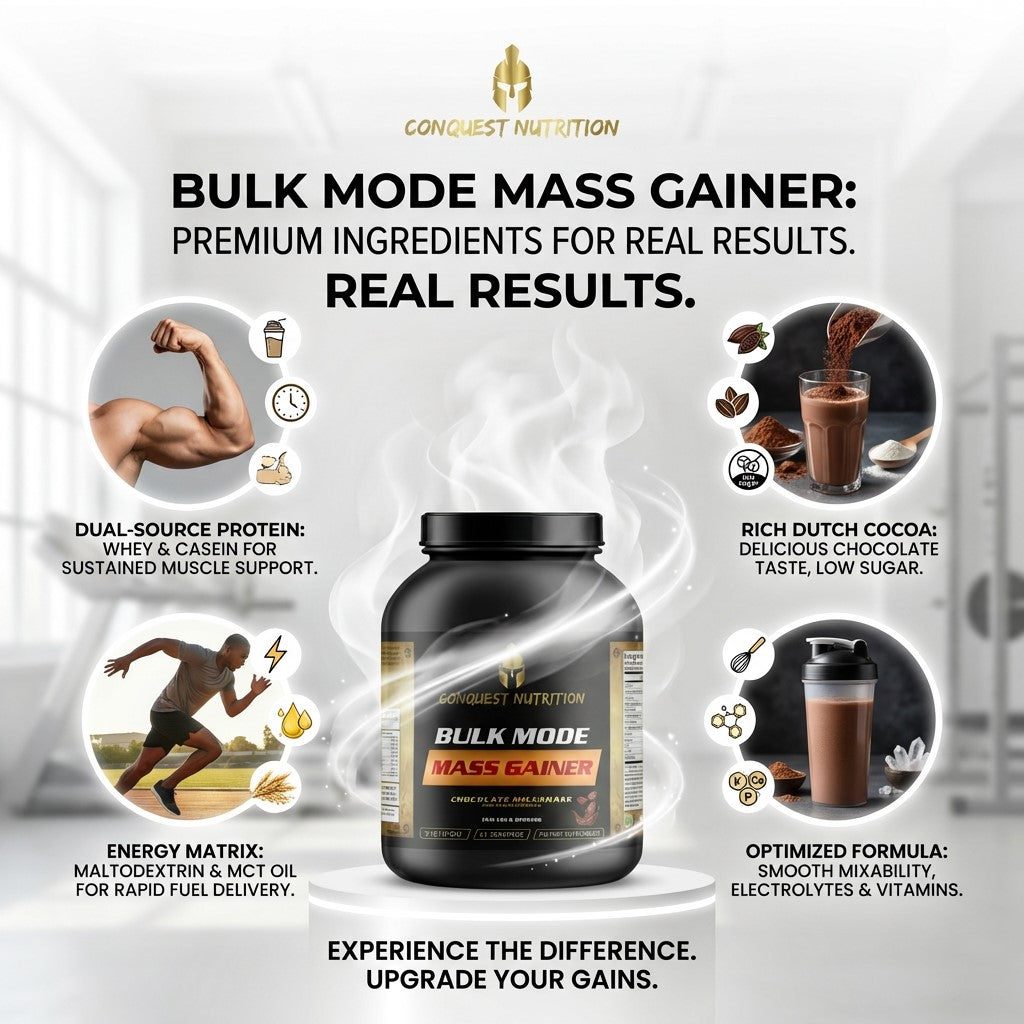 Conquest Nutrition Bulk Mode Mass Gainer supplement with features highlighted on a white background