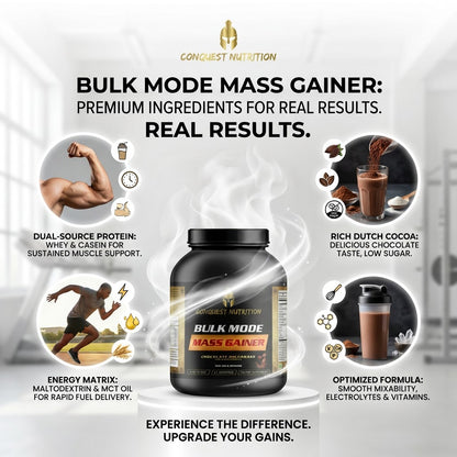 Conquest Nutrition Bulk Mode Mass Gainer supplement with features highlighted on a white background